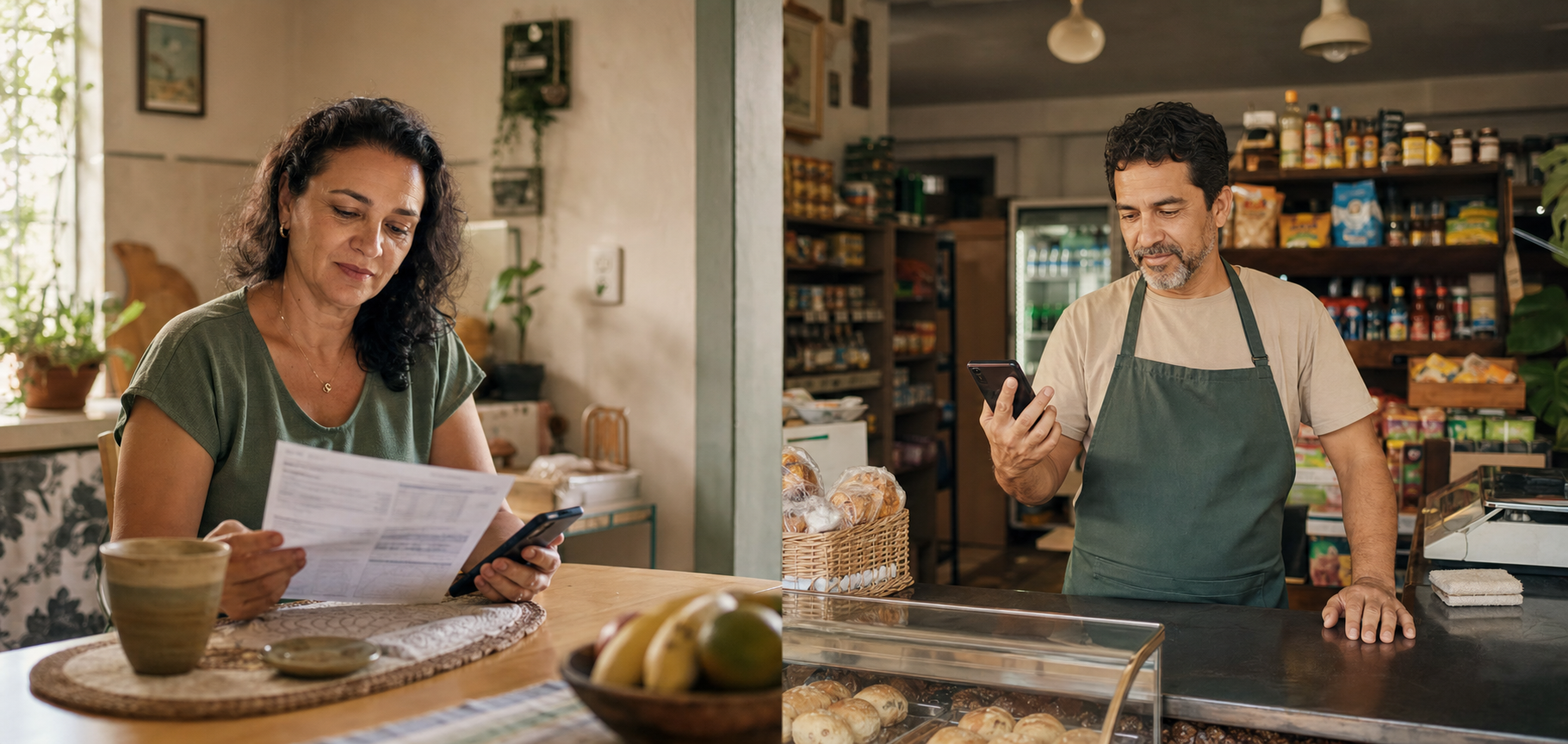 Moradora consultando a conta de luz em casa